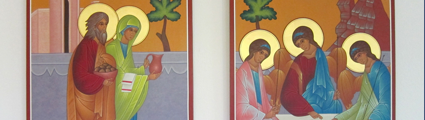 Two icons depicting the hospitality of Abraham and Sarah: Abraham & Sarah carrying food and drink and three guests seated at table