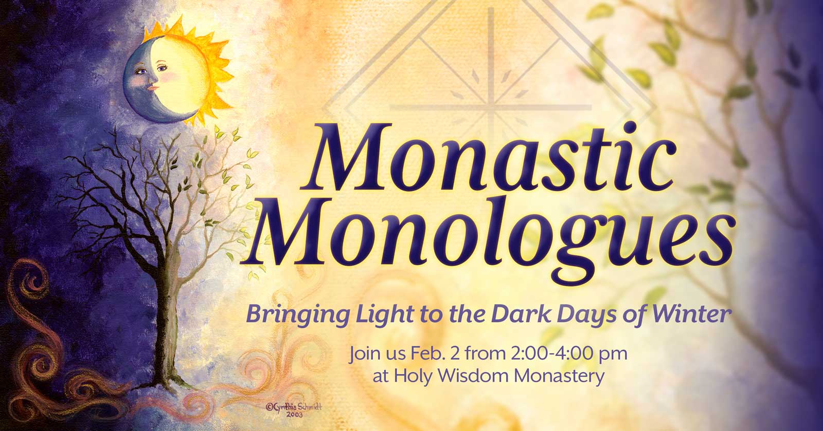 Monastic monologues event banner. Information on stories that will be told at the event.